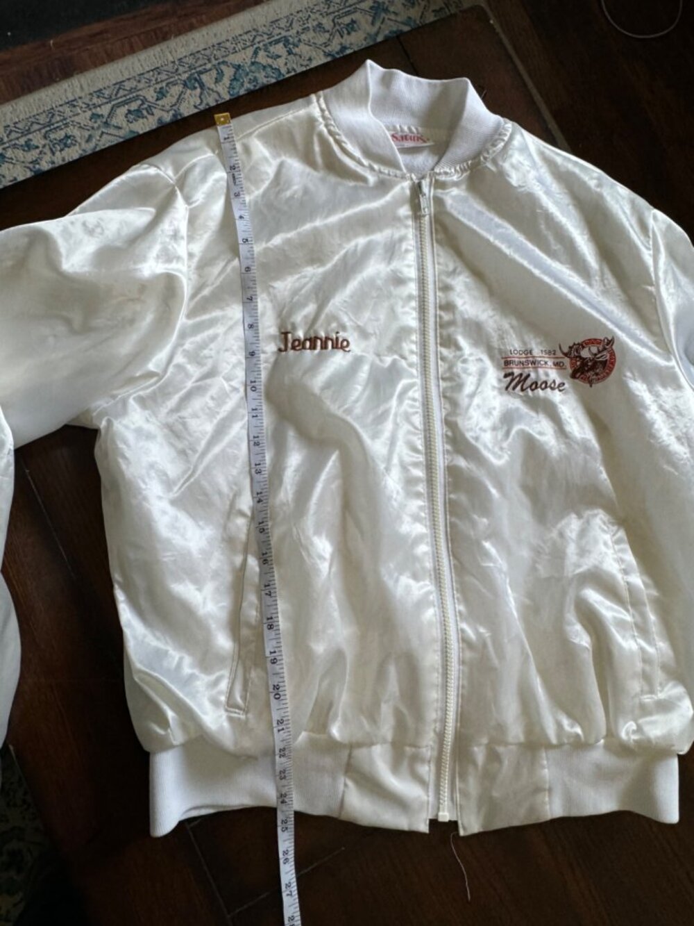 Vintage White Satin Moose Lodge Varsity Jacket Jeannie Embroidery Full Zip Large - Picture 8 of 12